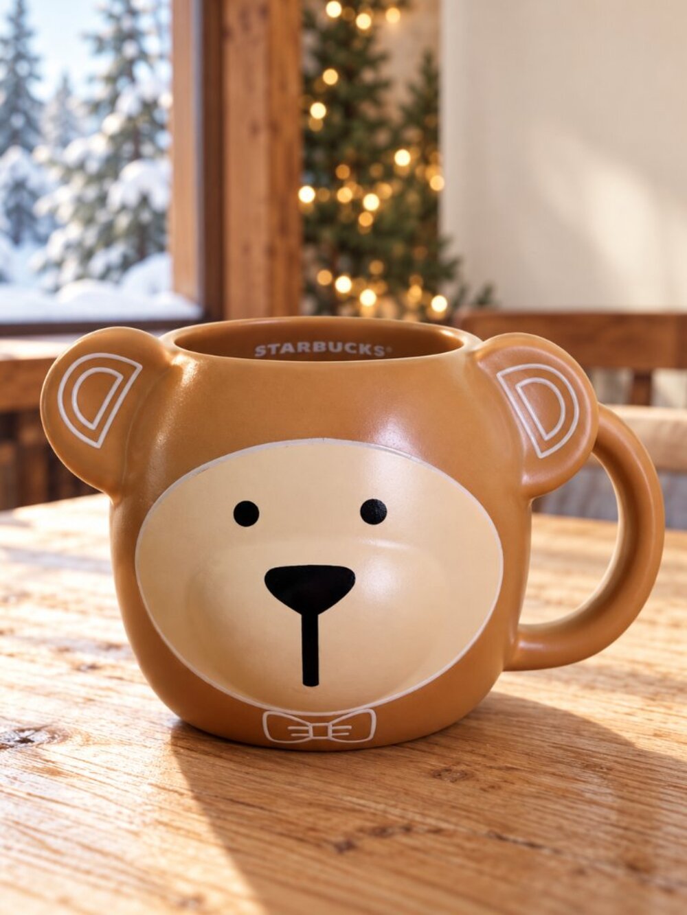 Starbucks Bear Ceramic Mug 14oz Brown Cream Bow Tie Christmas Holiday Cup
